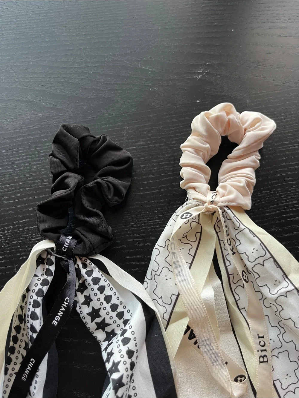 Black and Blush Scarf Scrunchie Hair Ties Set Bow Ribbon Black White Cream Lot